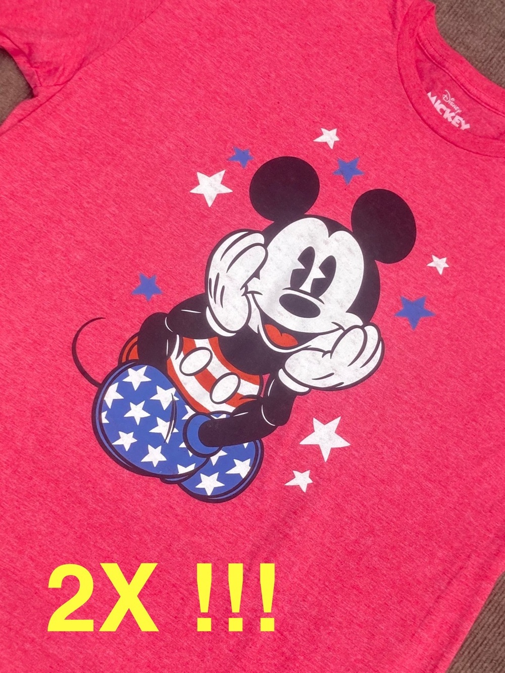 Disney 2X Patriotic Mickey Mouse Red Graphic T-Shirt, Stars & Stripes, Unisex